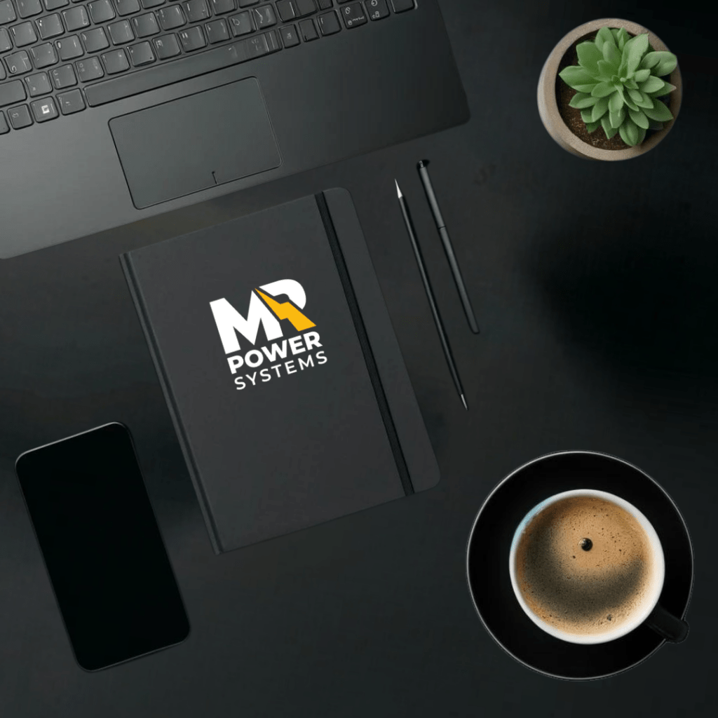 Office supplies flat lay with planner and smartphone on black background