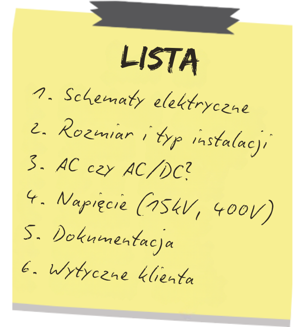 Lista 1. Schematy elektryczne 2. Rozmiar i typ instalacji 3. AC czy AC/DC? 4. Napięcie 5. Dokumentacja 6. Wytyczne klienta