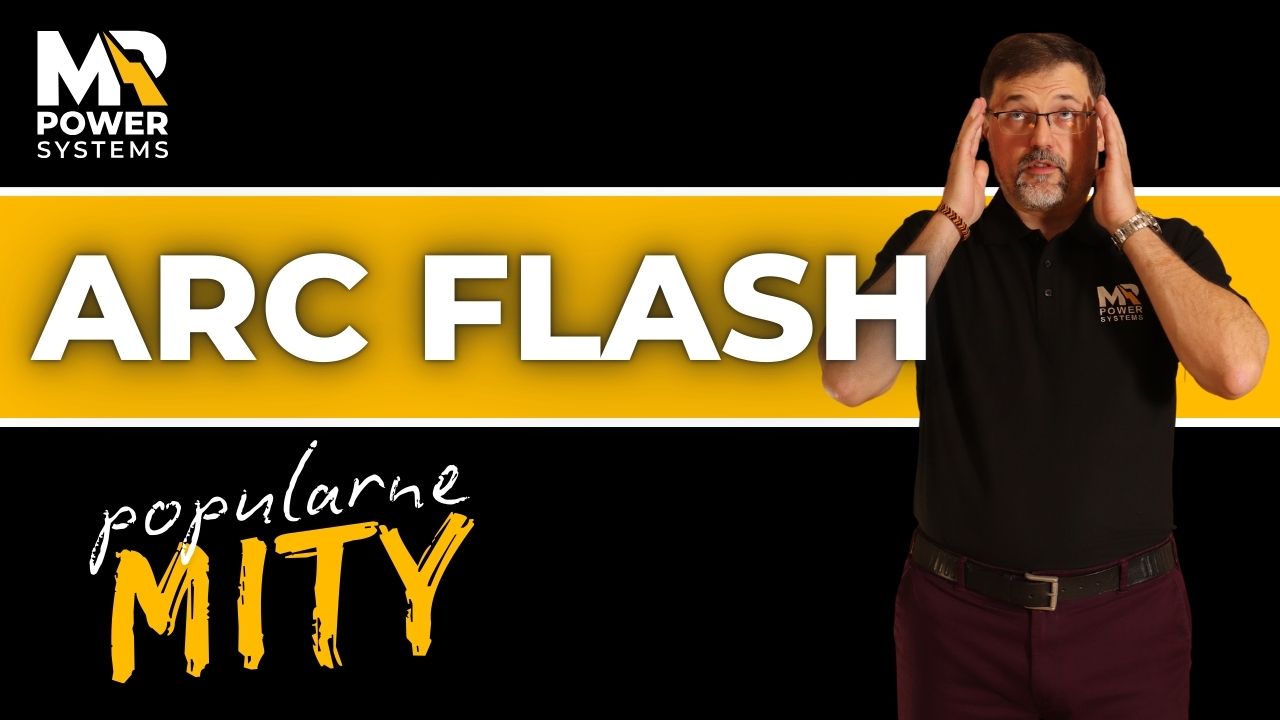 mężczyzna w czarnej koszuli trzymający się za głowę, napis popularne mity arc flash